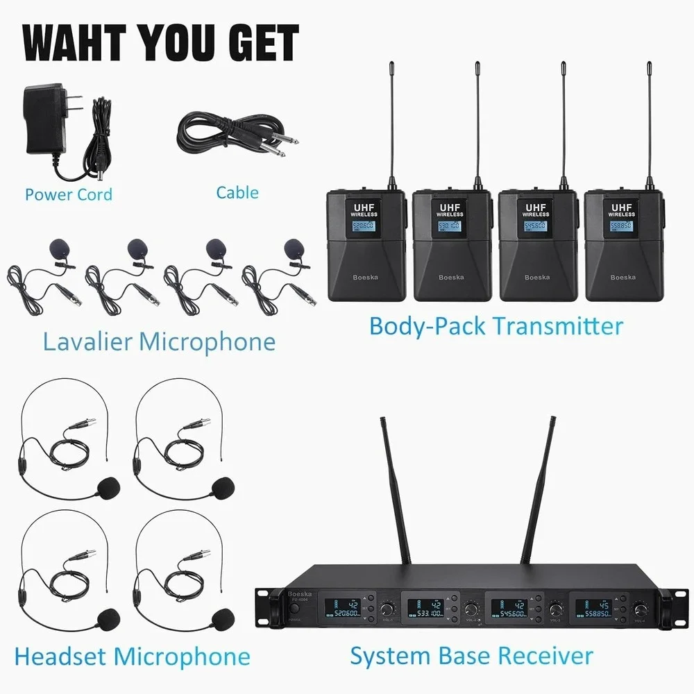 Boeska Wireless Microphone System 4‎ Channel UHF 4 Lavalier Lapel Headset